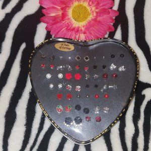 26 Pairs Of Earrings w/ Heart Tin Case